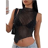 Milumia Women's Glitter Sheer Mesh Top Mock Neck Asymertrical See Through Crop Tops Clubbing Rave