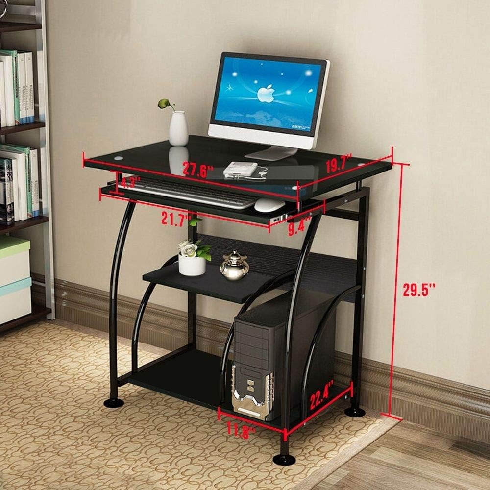 DealmerryUS Tempered Glass Computer Desk Spaces Storage Shelf Furniture PC Laptop Notebook Table for Home Office Study Writing Gameing(US Stock)