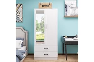 TrendTerrace Wood Armoire Wardrobe Closet with Mirror, 2 Drawers, 2 Door, 4 Shelves and Hanging Rod Large Freestanding Clothes Storage Organizer inside Cabinet for Bedroom, White 31.5"L x19"W x70.86"H