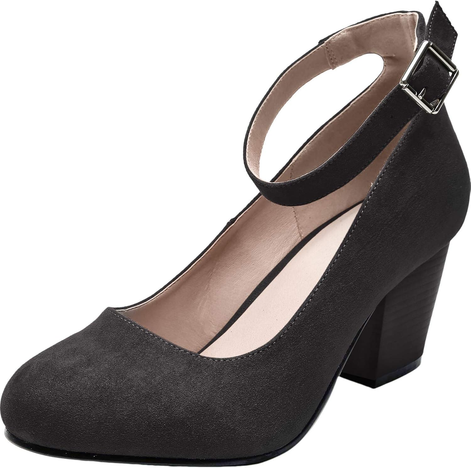 Luoika Women's Wide Width Heel Pump Shoes Ankle Buckle Strap Round Closed Toe