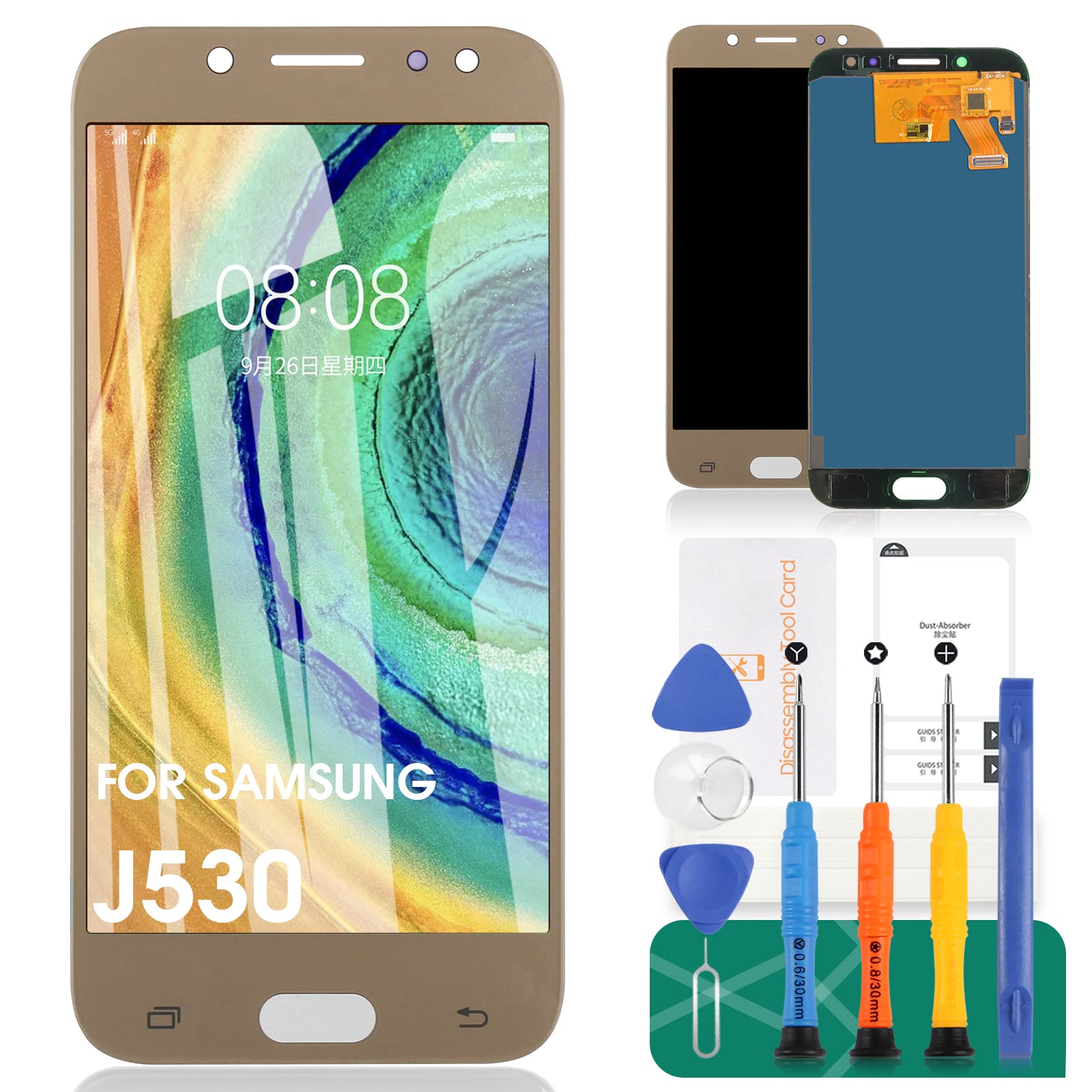For Samsung Galaxy J5 2017 J530 J530F J530S J530K J530L J530FM J530Y J530YM LCD Screen Replacement Digitizer Glass Assembly Kits, Free tempered film, glue and tools (Gold)