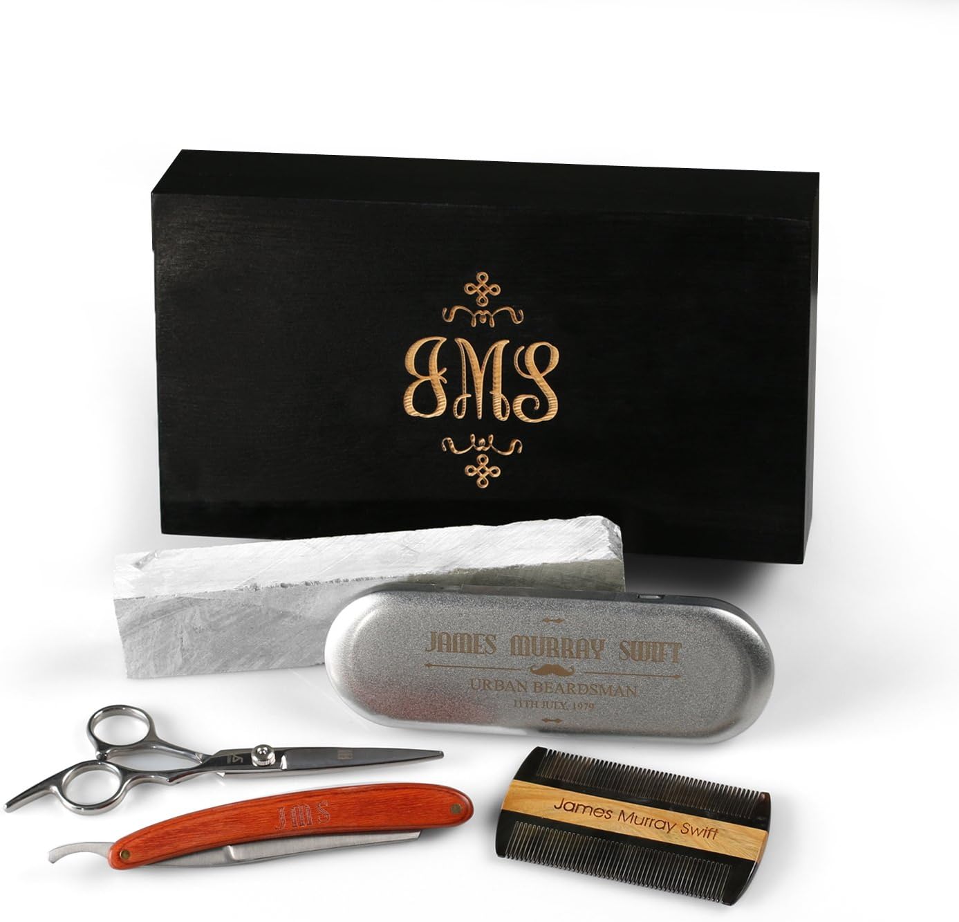 New Town Creative Personalized Mens Facial Grooming Gift Set Including Straight Razor, Wood Comb, Scissors, Sharpening Stone Set - Best Gift for Men, Groomsmen, Best Man