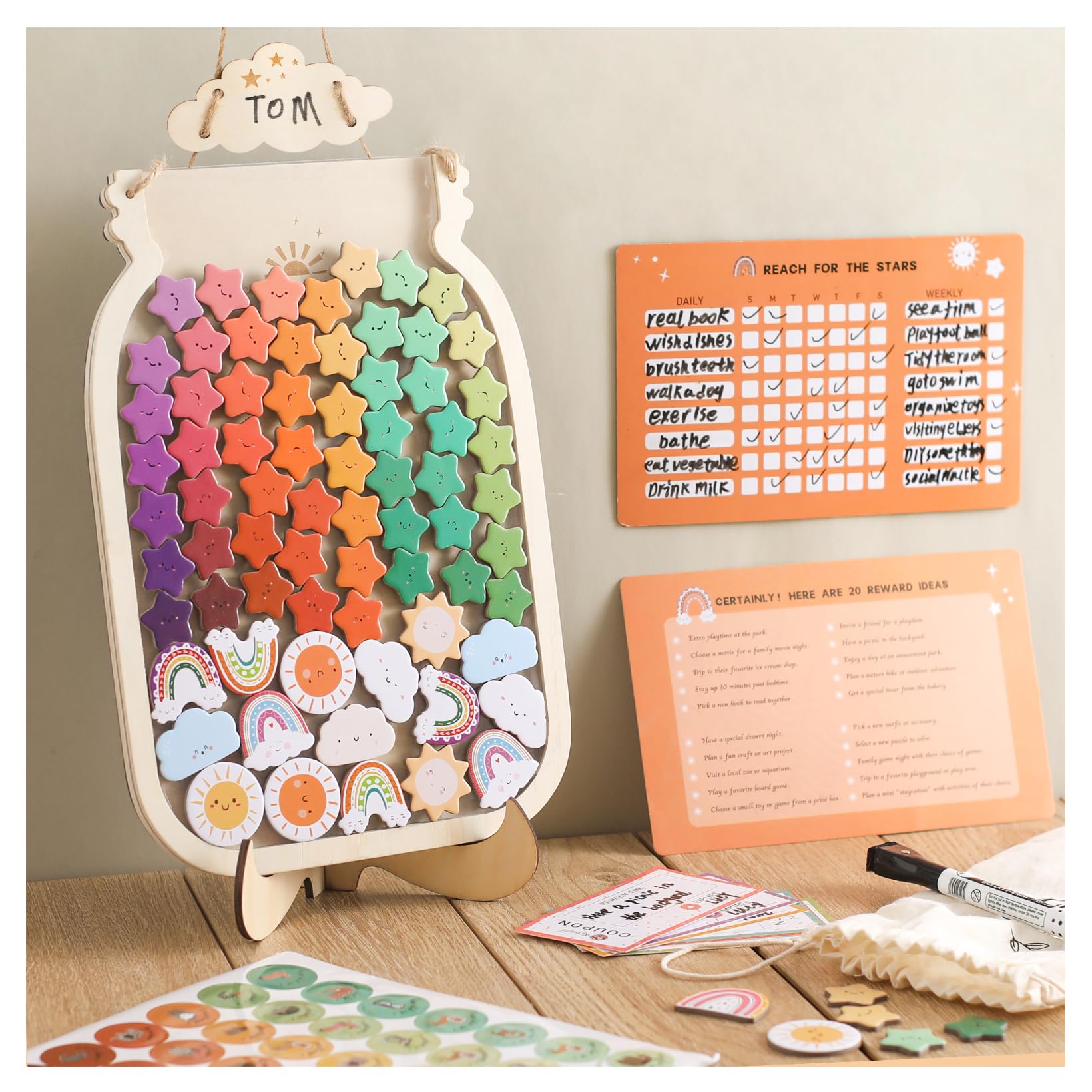 OESSUF Magnetic Reward Jar for Kids, Large Wooden Reward Jars with Tokens, Reusable Star Reward Charts for children behaviour, Toilet Potty training Reward Chart Star Style