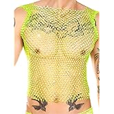 Kaei&Shi Rhinestone Mens Tank Tops Sheer Mesh See Through Fishnet Sparkly Rave Outfit Festival Crop Men Shirt Sexy Club Party