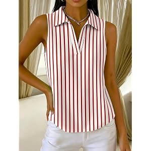 Womens Sleeveless V Neck Polo Top Red White Stripe Casual Summer Blouse
