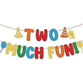Two Much Fun 2nd Birthday Banner, 3.4 ft Pre-strung | Colorful Glitter Second Birthday Party Decorations for Boys ＆ Girls