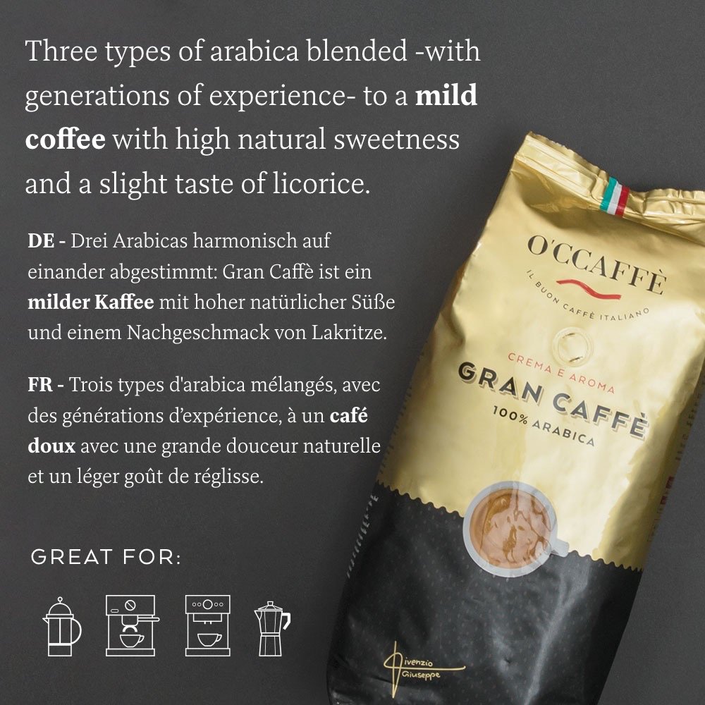 O\'ccaffe Caffè 100% Arabica | torrefazione extra delicata | dall\'azienda di famiglia italiana | carattere adorabile e complesso da 3 varietà di fagioli | 1kg chicchi di caffè