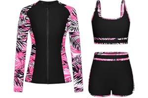 3 Piece Swimsuits for Women Long Sleeve Rash Guard Bathing Suit with Boyshorts Modest Zip Up Swim Shirt with Built in Bra