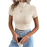 MakeMeChic Women's Fall Turtleneck Knitted Crop Tops Short Sleeve Pullover Sweater