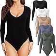 CE' CERDR 4/5 Pack Long Sleeve Bodysuits for Women Deep V Neck Stretchy Basic Body Suit Tops