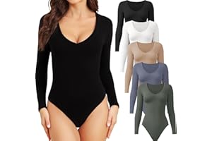 CE' CERDR 4/5 Pack Long Sleeve Bodysuits for Women Deep V Neck Stretchy Basic Body Suit Tops