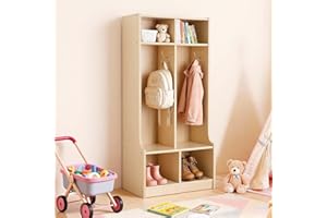 VEVOR 2-Section Kids Coat Locker, Wooden Toddler Cubby Storage Organizer with 4 Hooks & Anti-Tip Kit, Modern Kid Coat Cubbies