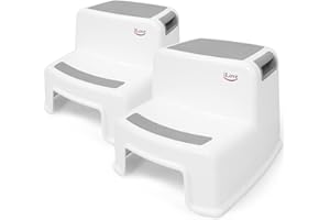iLove 2 Step Stool for Kids and Toddlers, Bathroom and Toilet Stool for Potty Training, Slip-Resistant Soft Grips, Kitchen Stool with Handles, Dual Height - Gray (2 Pack)