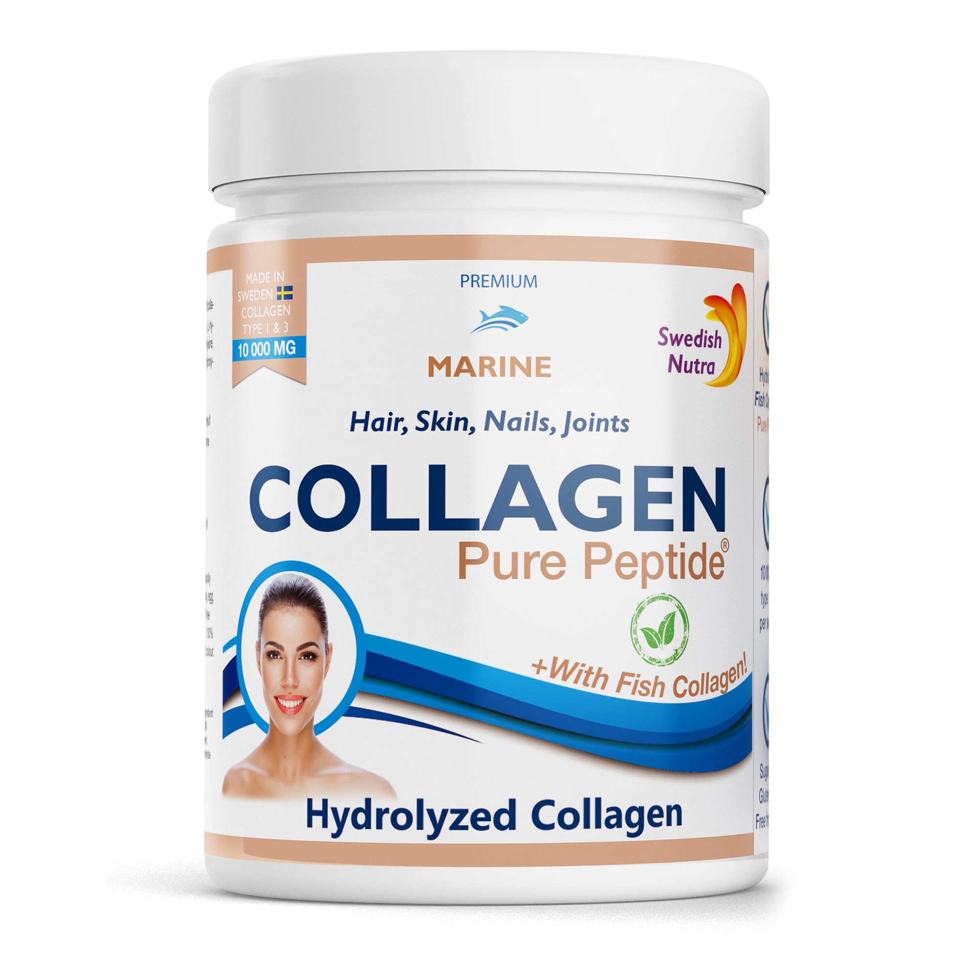 Swedish Nutra Hydrolyzed Marine Collagen Powder, 10,000 mg Supplement - 30 Day Supply, 300g Pack | Type 1 & 3 Collagen & Pure Peptide | Healthy Hair, Skin, Nails, Joints I 100% Natural & Gluten Free