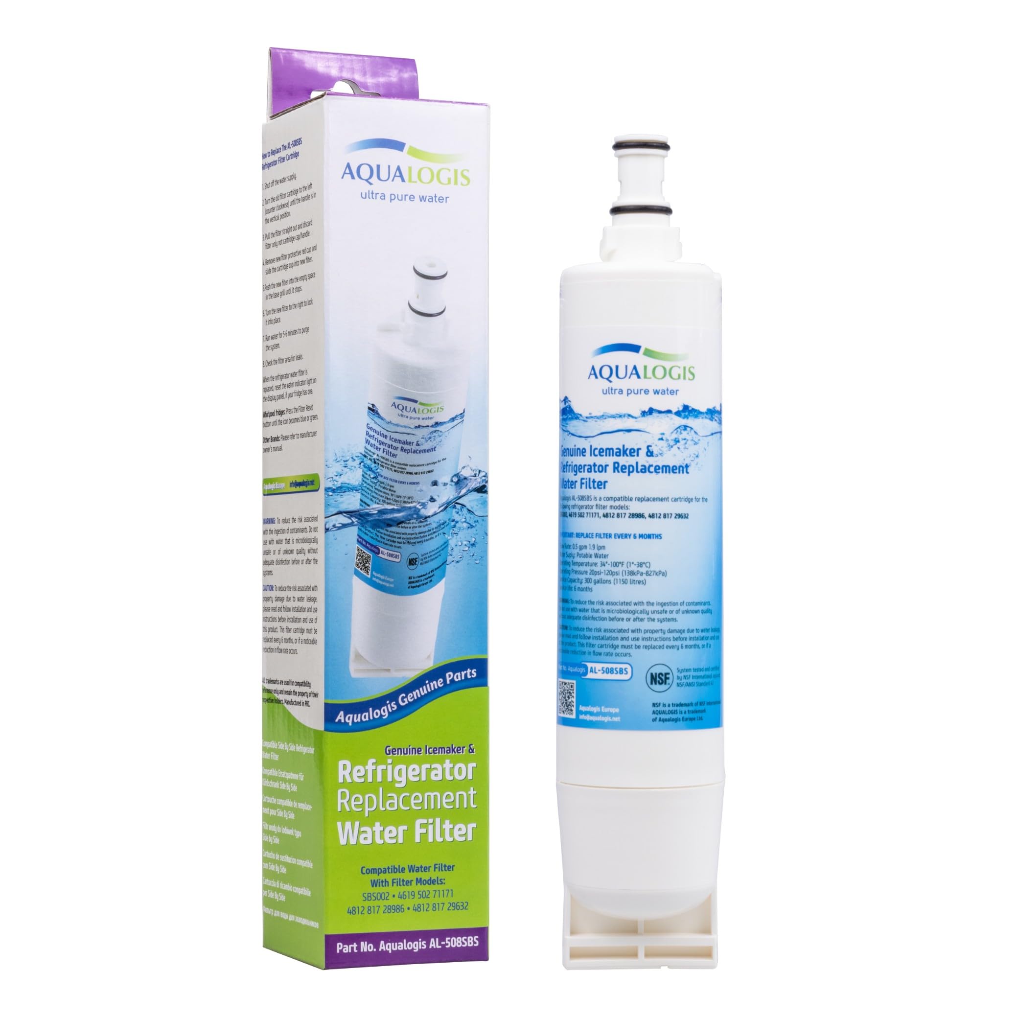Aqualogis Fridge Water Filter Compatible with Whirlpool 4396508, SBS002, S20BRS, 481281729632, 461950271171, 481281728986