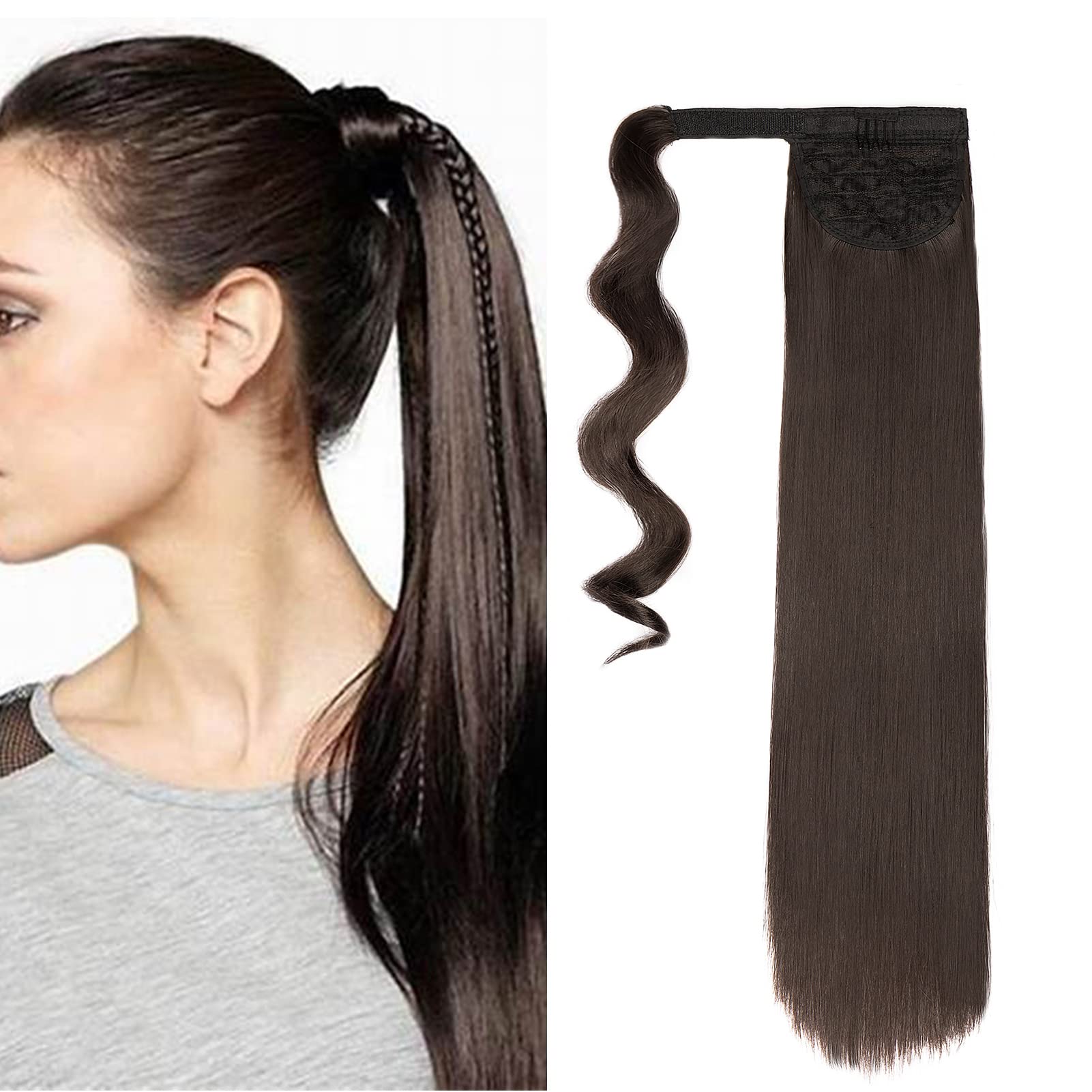 Wrap Around Ponytail Clip in Hair Extensions Pony Tail Extension Straight Wrap Hairpiece One Piece Long Natural Look Synthetic for Women (Medium Brown)