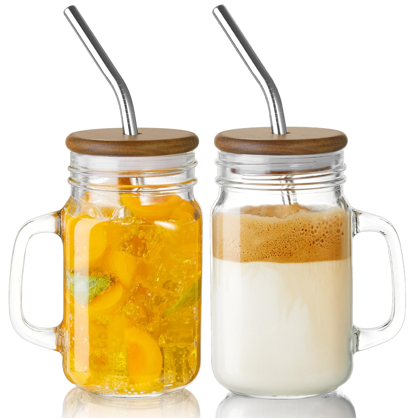 Photo 1 of DRASTAR Iced Coffee Cup, 16 oz Mason Jar Cups with Handle, Small Glass Coffee Mugs with Straws and Acacia Lids, Drinking Glass Cups Set of 2, Smoothie, Overnight Oats Containers
