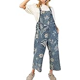 chouyatou Women 2025 Baggy Floral Denim Bib Overalls Jeans Casual Distressed Wide Leg Overall Jumptuis