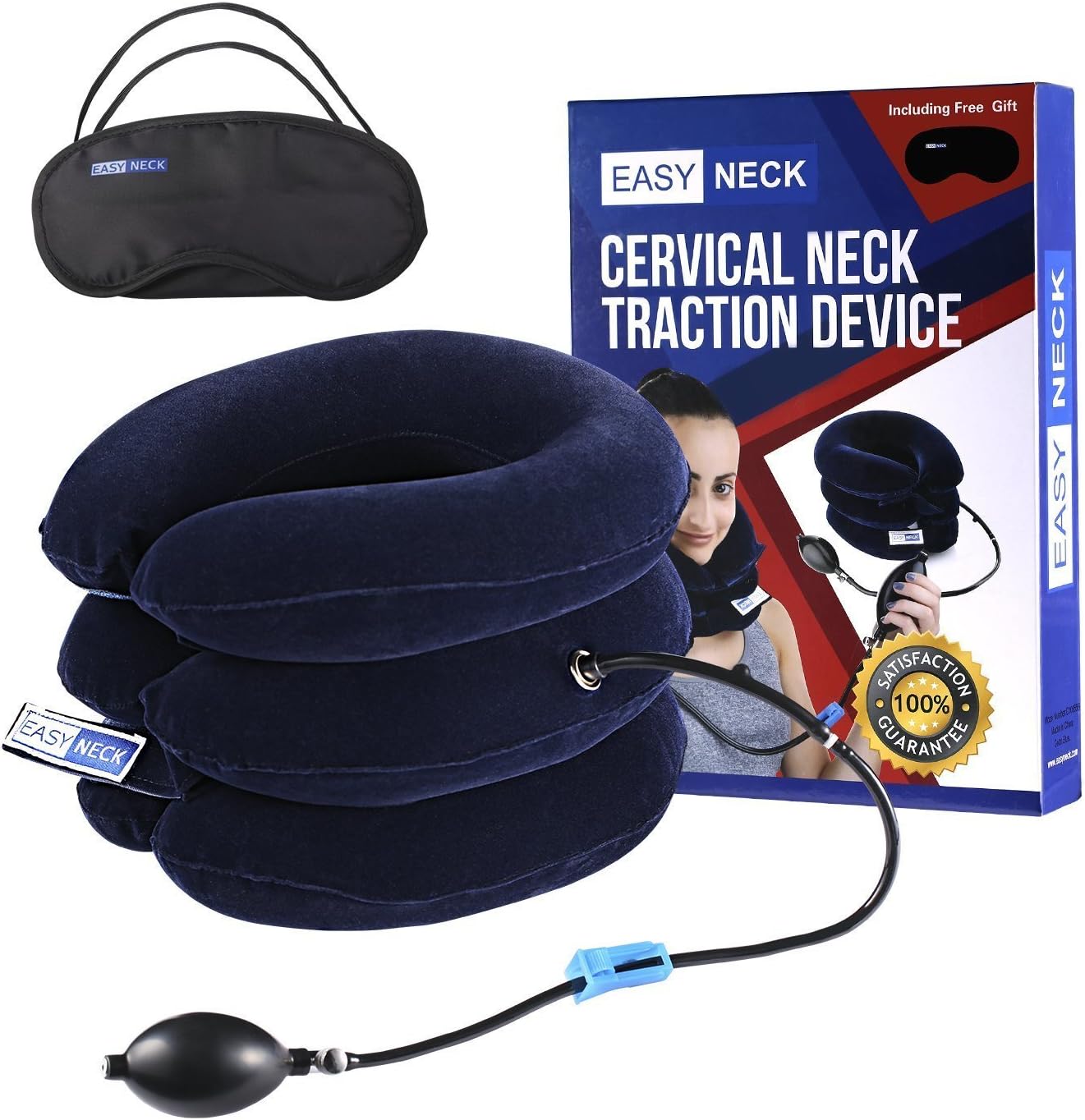 Cervical Neck Traction Device for Neck, Back, Head & Shoulders Pain - Inflatable Neck Pillow - Cervical Traction Device - Adjustable Size Brace \ Collar & Bigger Pump - Improved Model by EasyNeck