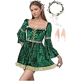 C-ZOFEK Medieval Fairy Costume Velvet Green Elf Cosplay Ren faire Renaissance Mini Dress Christmas Women