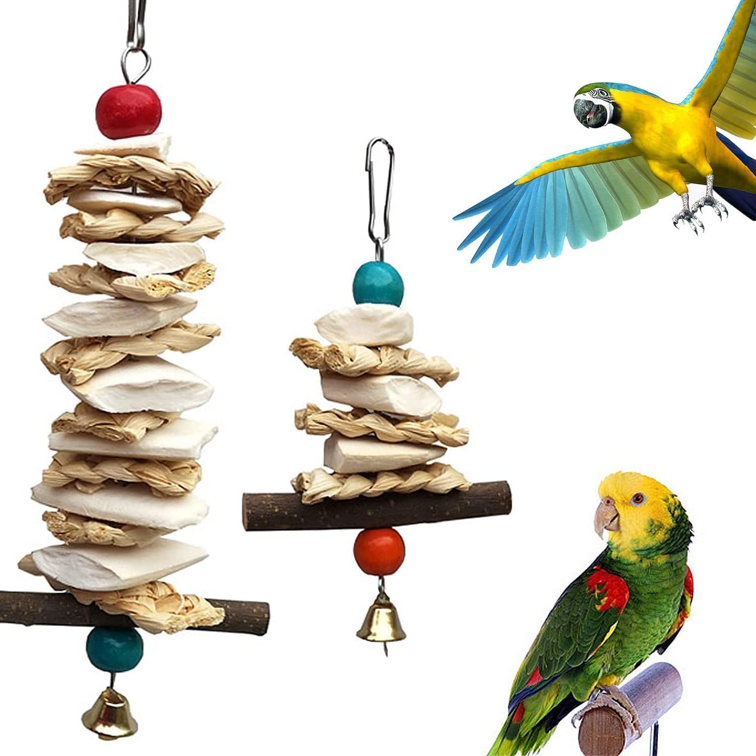 Newsmy 2 Pack Parrot Chewing Toys with Natural Cuttlefish Bone and Apple Stick, Hanging Bird Toys for Budgie Cockatiel and Parakeet, Calcium and Beak Care Toy