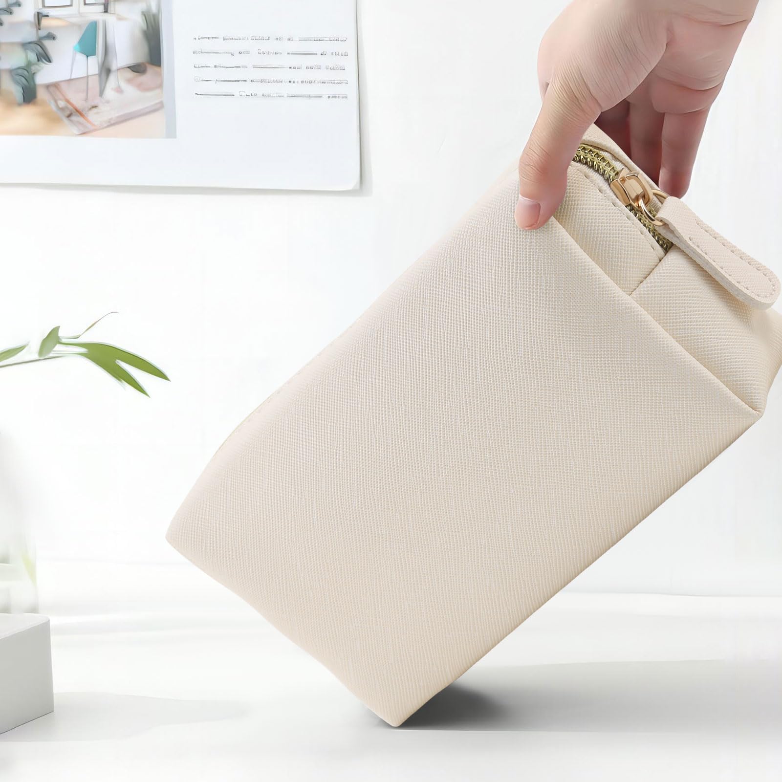 Apooliy Leather Makeup Bag for Purse Travel, Portable Small Cosmetic Organizer for Women and Girls, Make up Bag with Zipper
