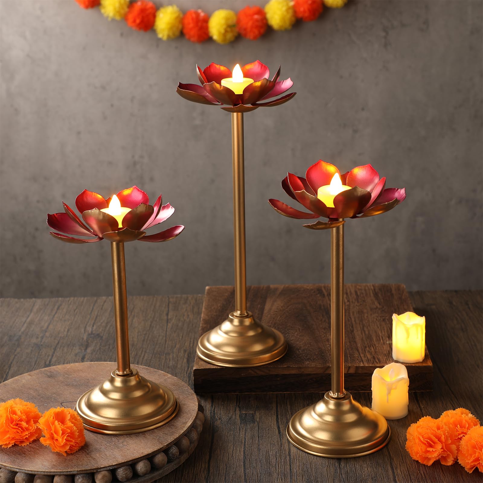 Photo 1 of LemonRoad 3 Pcs Diwali Lotus Candle Holder Metal Diya Tealight Holder for Diwali Pooja Lotus Ghee Lamp Candle Indian Diya Oil Lamps Lamp for Buddha Temple Home Decoration