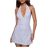 winkbay Women's Summer Striped Halter Mini Dress Y2k Lace Deep V Neck Bodycon Going Out Party Dresses