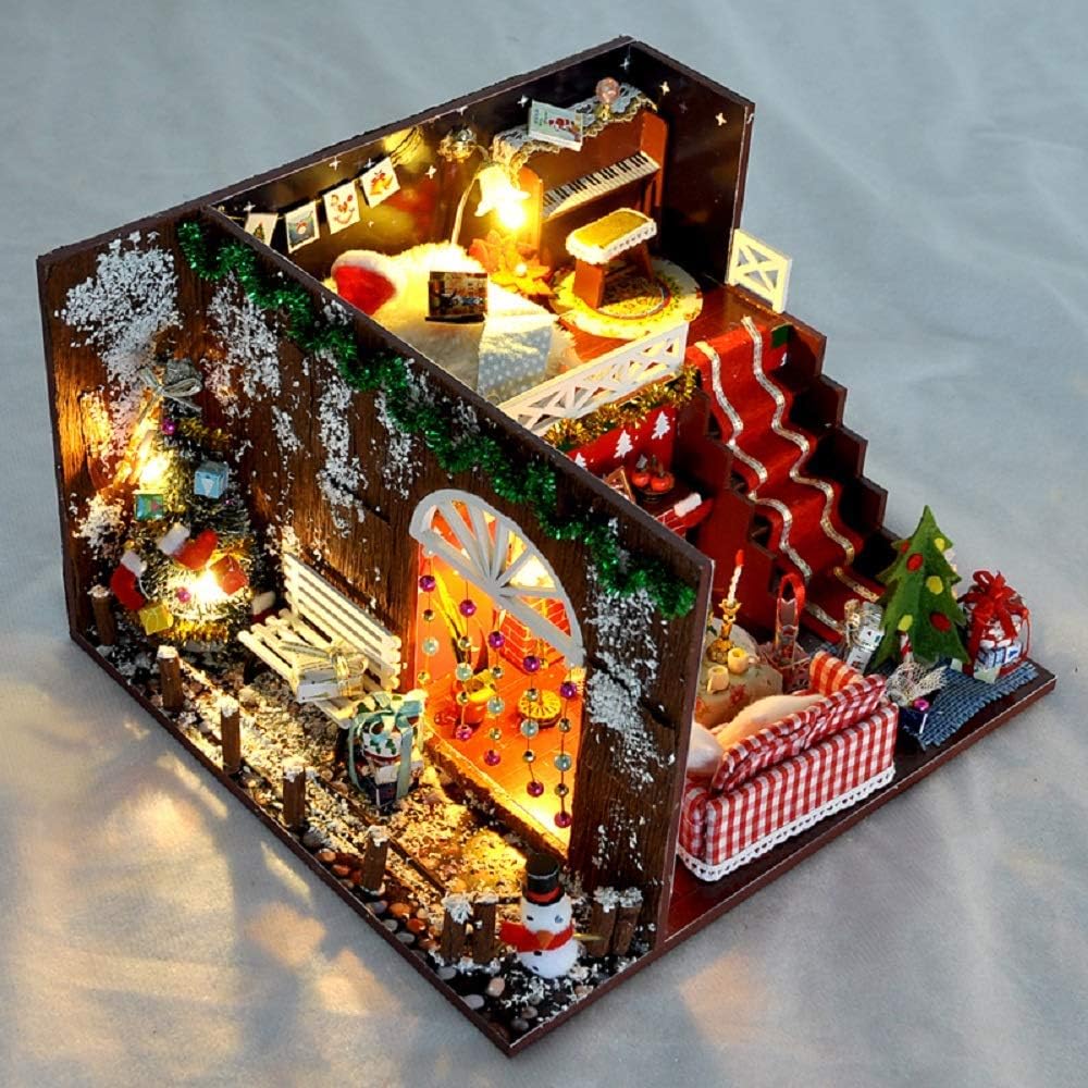 Kisoy Miniature DIY Dollhouse Kit with Furniture Accessories Creative Gift for Lovers and Friends (Christmas Eve) with Dust Proof Cover and Music Movement