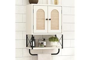 RUSTOWN Rattan Bathroom Wall Cabinet, Boho Over The Toilet Storage Cabinet with Arched Rattan Doors, Modern Medicine Cabinet 