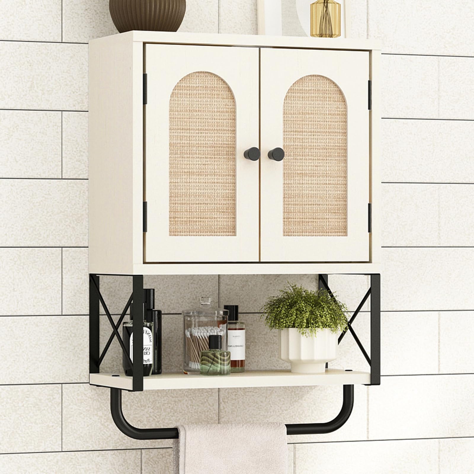 Photo 1 of RUSTOWN Rattan Bathroom Wall Cabinet, Boho Over The Toilet Storage Cabinet with Arched Rattan Doors, Modern Medicine Cabinet with Adjustable Shelves & Towel Bar(Vintage White,Small)