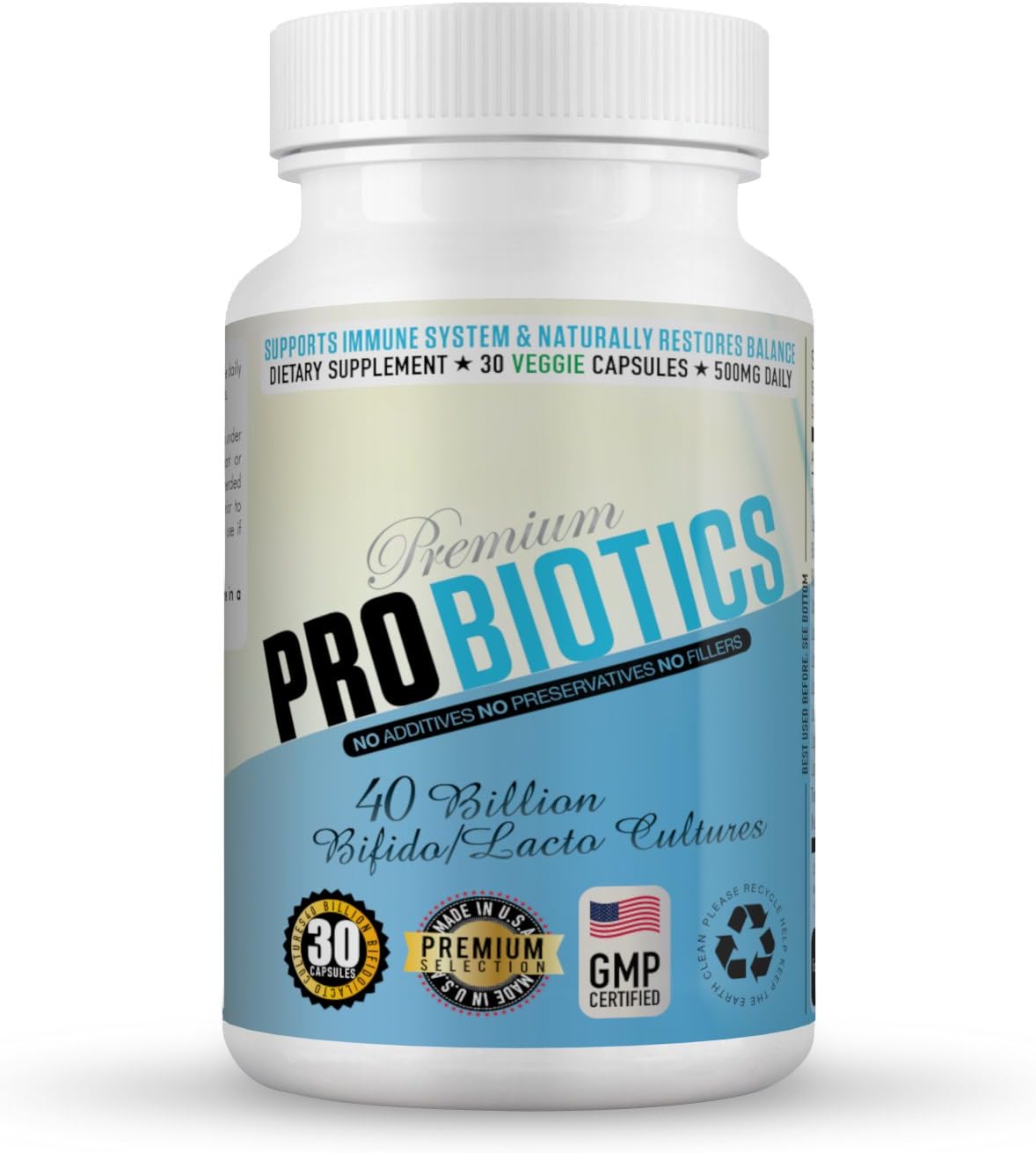 Premium ProBiotics Supplement • a Healthy Digestive System Supplement with 11 Strains • 40 Billion Lacto & Bofido Cultures (CFU) • 30 Vegetarian Capsules for 1 Month Supply • 500mg/Day
