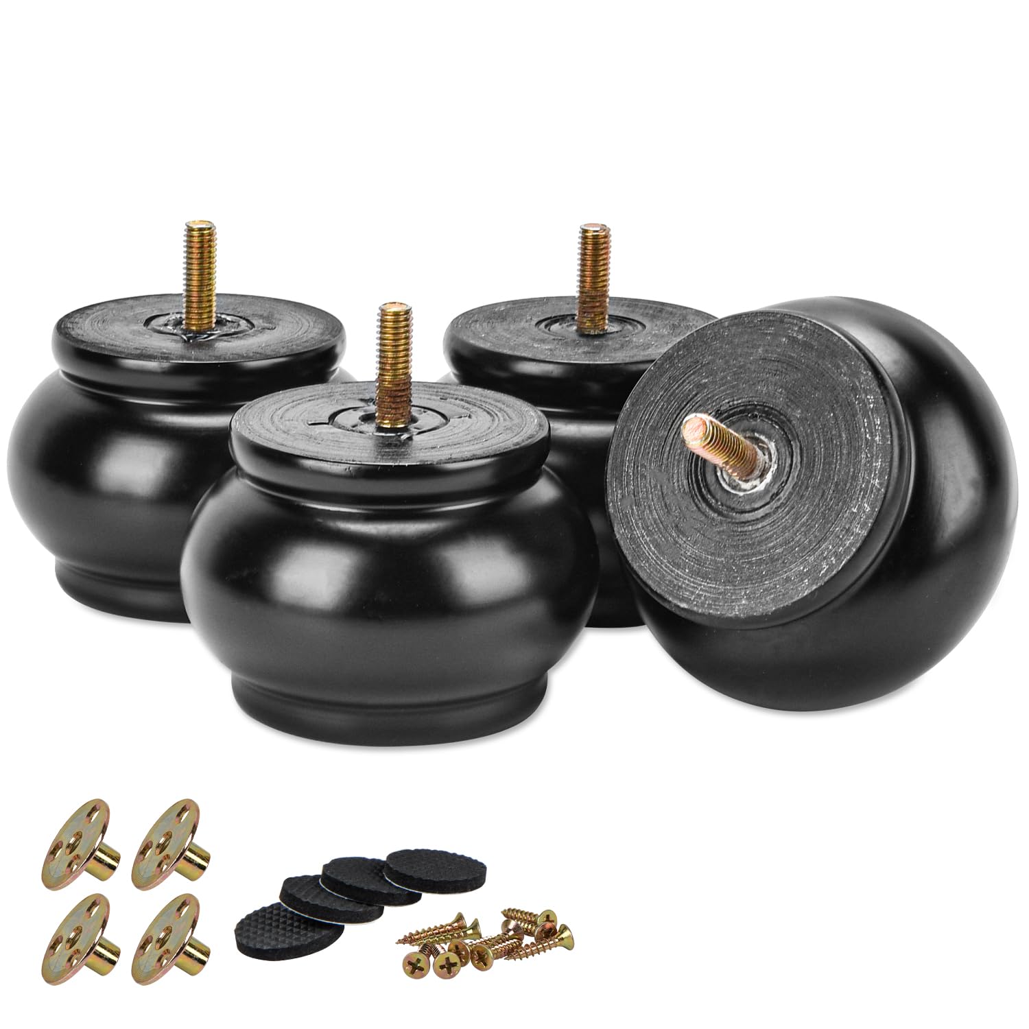 TCHOSUZ 2.4 inch / 6cm Wooden Furniture Legs, Pack of 4 Classic Black Solid Wood Turned DIY Replacement Bun Feet with M8 Hanger Bolts & T-Nuts for Sofa Couch Ottoman Cabinet Table Riser โ image 1