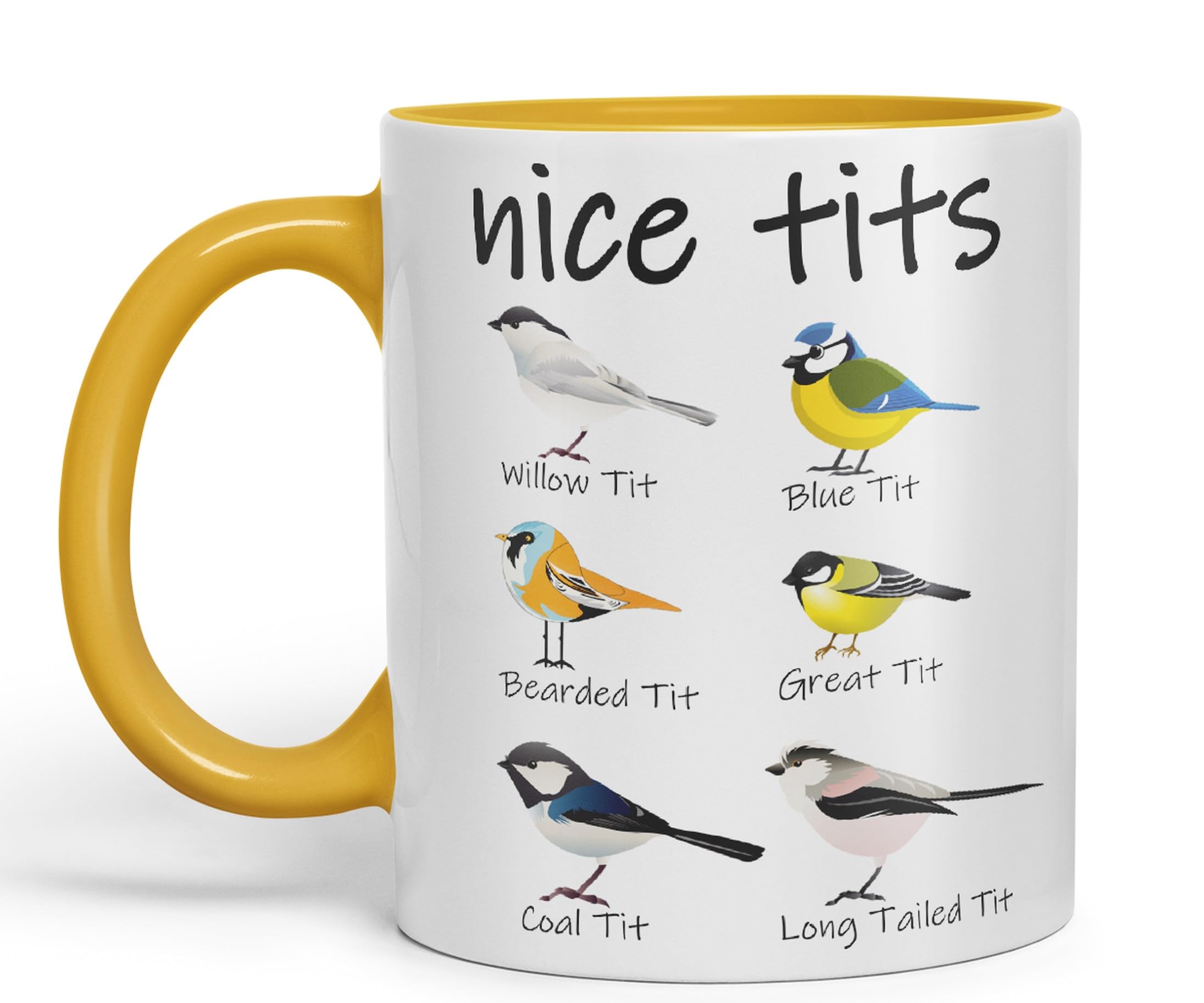 Vixar Beautiful Tits, Willow Tit, Blue Tit, Bearded Tit, Great Tit, Fir Tit, Tail Tit, Sarcastic Joke, Coloured Ceramic Mug for Hot Tea, Coffee, 330 ml, 11 oz (G Yellow)