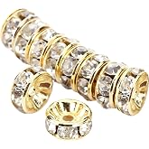 Allb 100Pcs Rondelle Spacer Beads 8mm Silver Plated Czech Crystal Rhinestone for Jewelry Making Loose Beads for Bracelets, gold