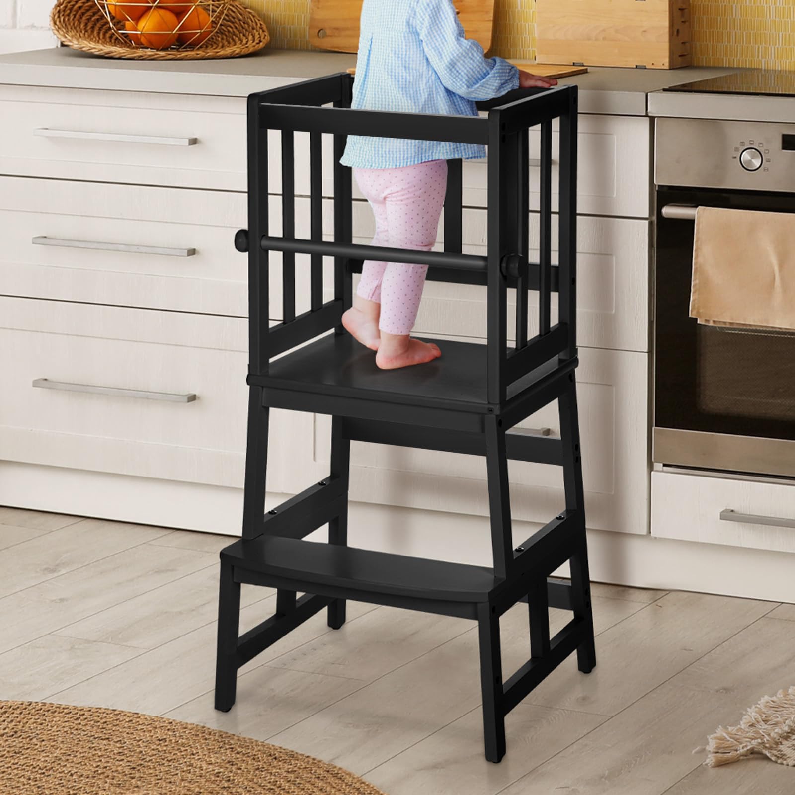 Photo 1 of COSYLAND Kids Kitchen Step Stool Helper Baby and Toddler Multi-Function Step up Nursery Helper Stand with Safety Rail in Natural Bamboo, Strong and Lightweight (Black)