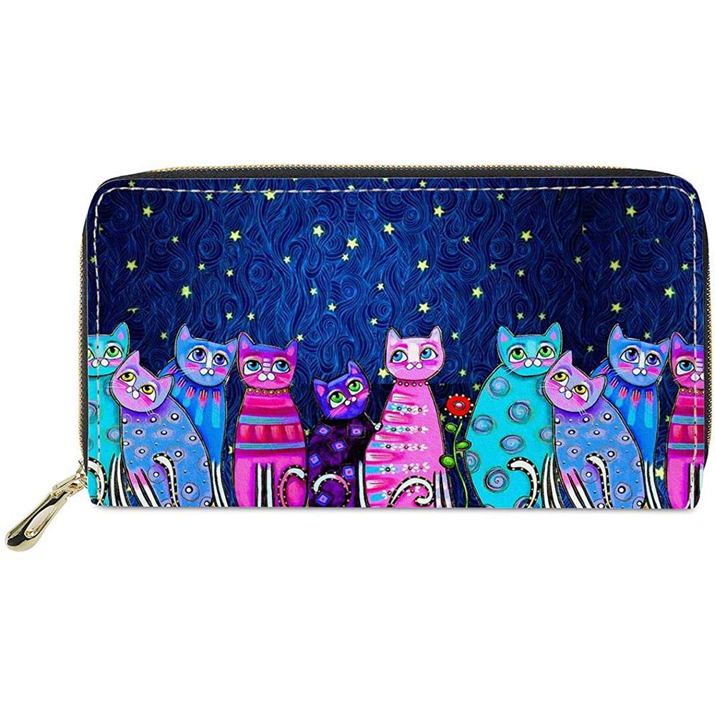 Biyejit Galaxy Starry Cats Women Wallet Leather Zip Around Phone Clutch Large Travel Purse Gift for Girls