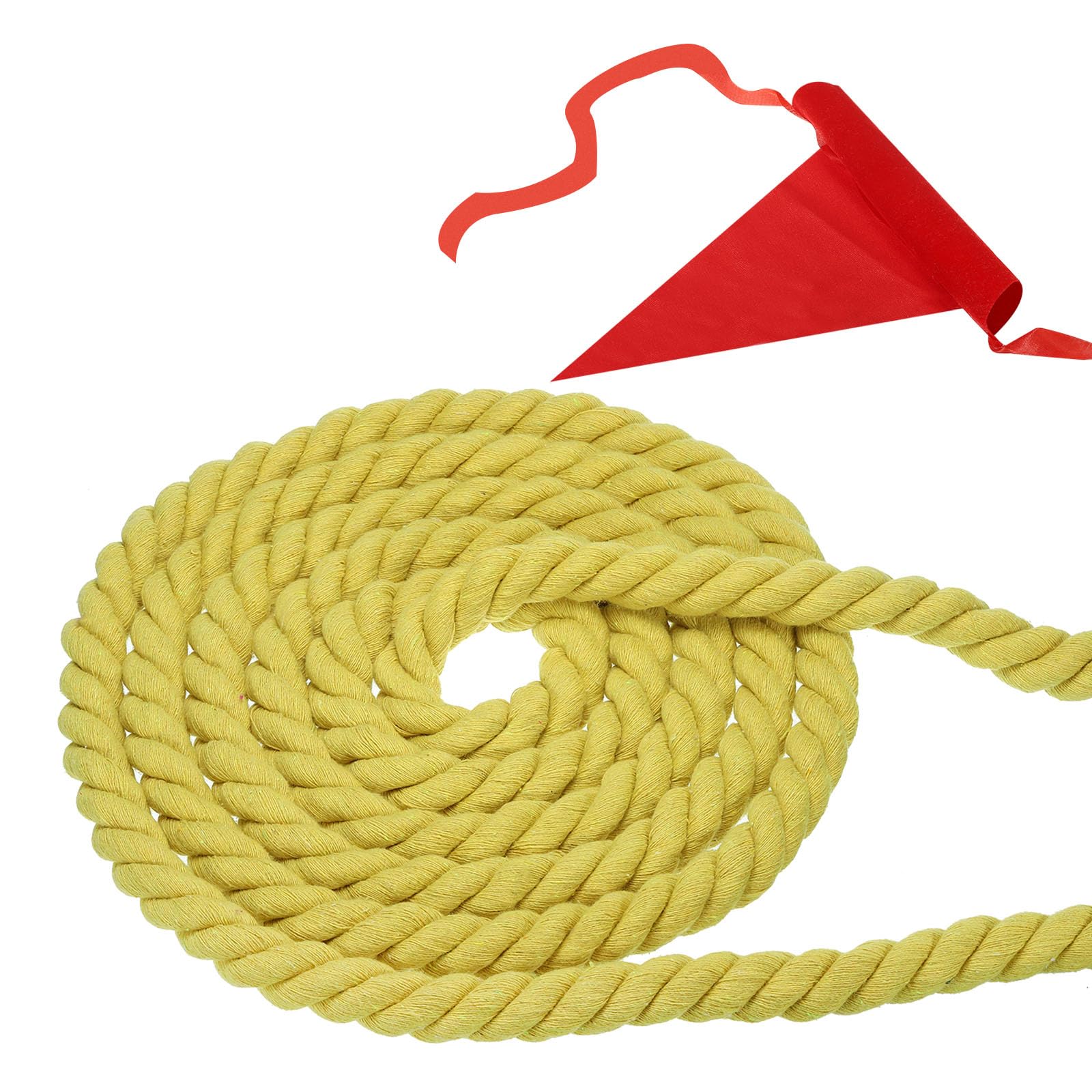 PATIKIL 20 Feet Tug of War Rope for Adults Teen, 3-Strand Natural Twisted Cotton Rope with Flag for Yard Game Team Building Activities, Yellow