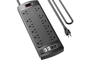 6 Ft Extension Cord Power Strip, Teiobar Surge Protector with 12 AC Outlets and 4 USB Ports for Home, Office, Dorm Essentials, 1875W/15A, 2700 Joules, ETL Listed, Black