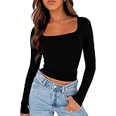 TiulZial Long Sleeve Shirt for Women - Square Neck Going Out Top Double Lined Tight T Shirts