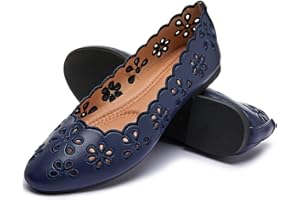 FRACORA Women's Ballet Flats Black PU Leather Dress Shoes Comfortable Round Toe Slip on Flats with Breathable Eyelets