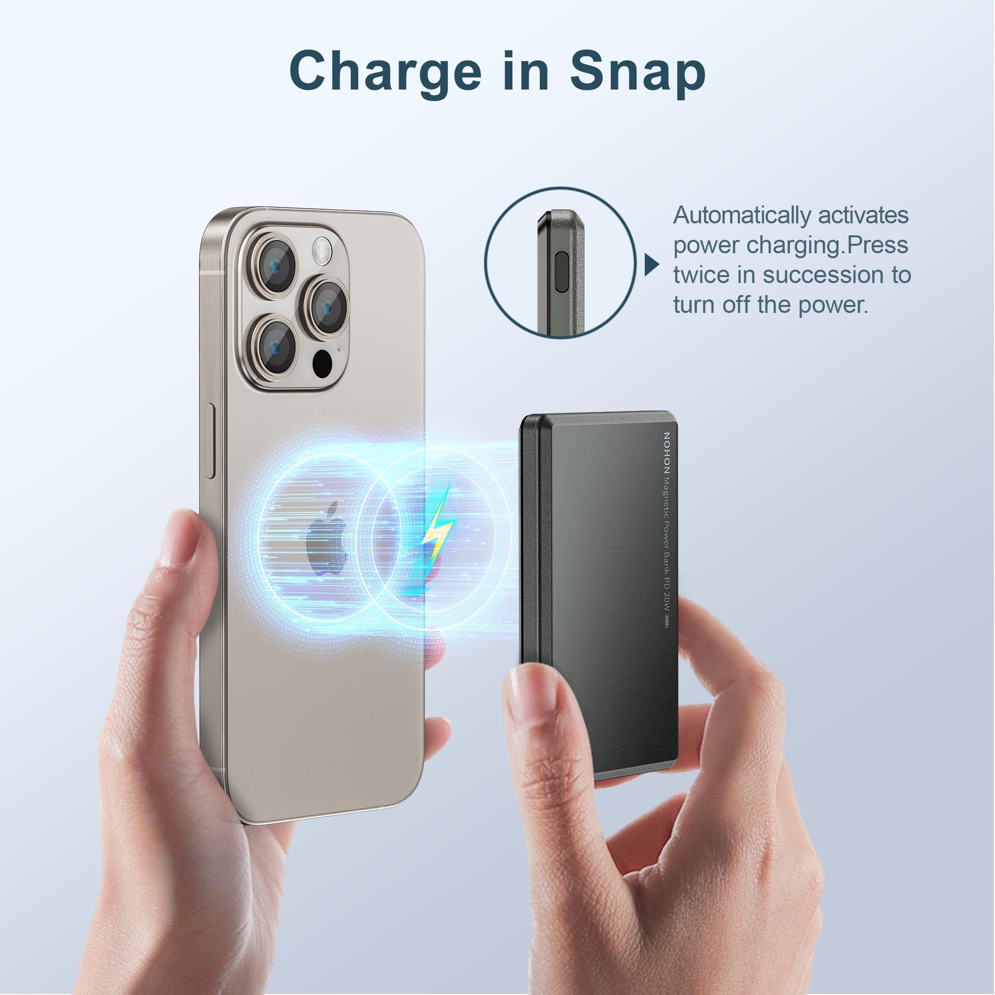 Powerbank MagSafe NOHON 5000mAh - Ultra Fin 8mm, Charge Sans Fil 15W, Câble USB-C 20W - Compatible IPhone 16 à 12 - 12