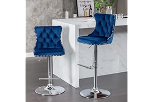i-POOK Counter Height Bar Stools Set of 2, Swivel Barstools with High Back, Button Tufted and Nailheads Trim, Velvet Upholstered Bar Chairs for Home Bar Kitchen Island Cafe, Blue