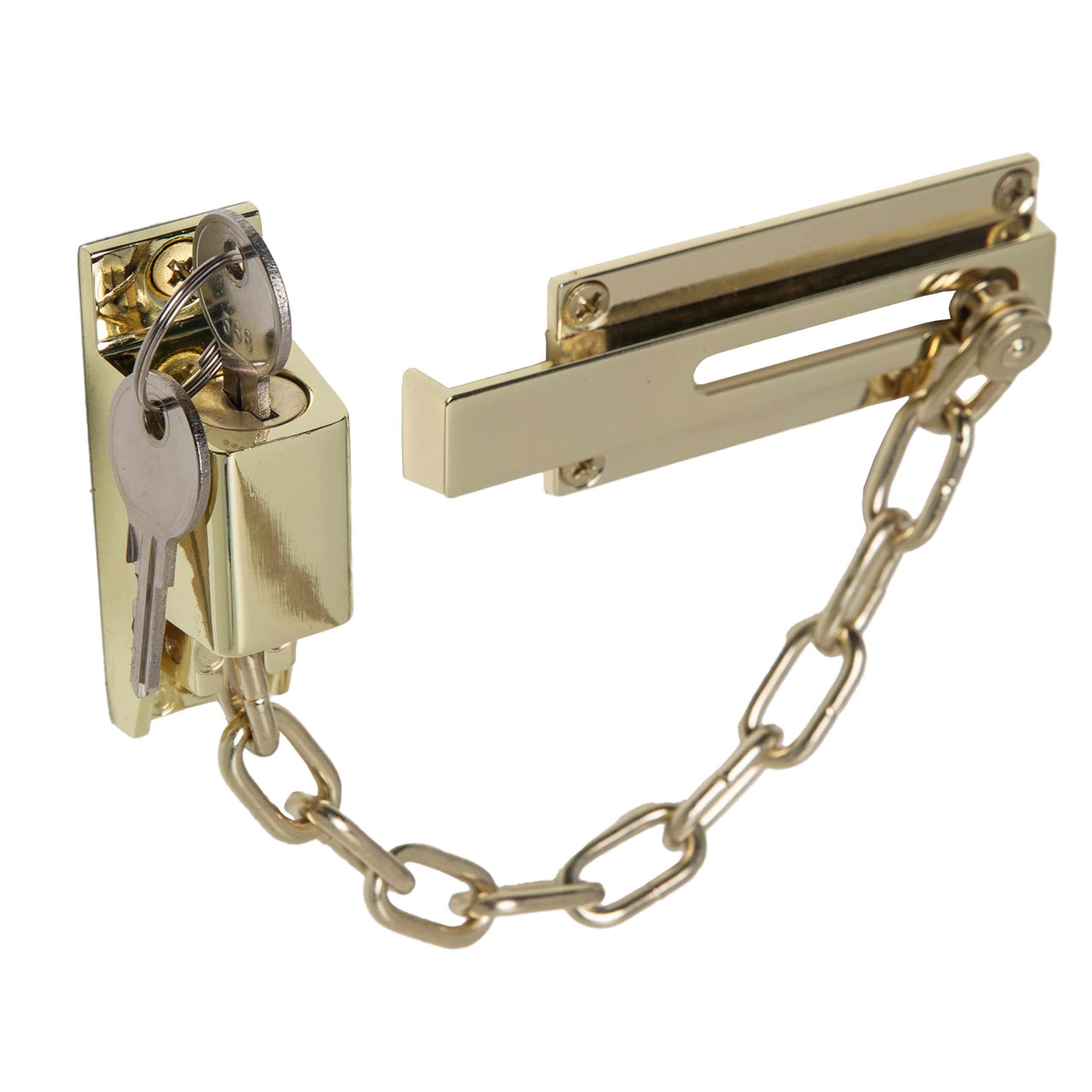XFORT Polished Brass Locking Door Chain, Front Door Security Chain with External Key Unlocking Mechanism.