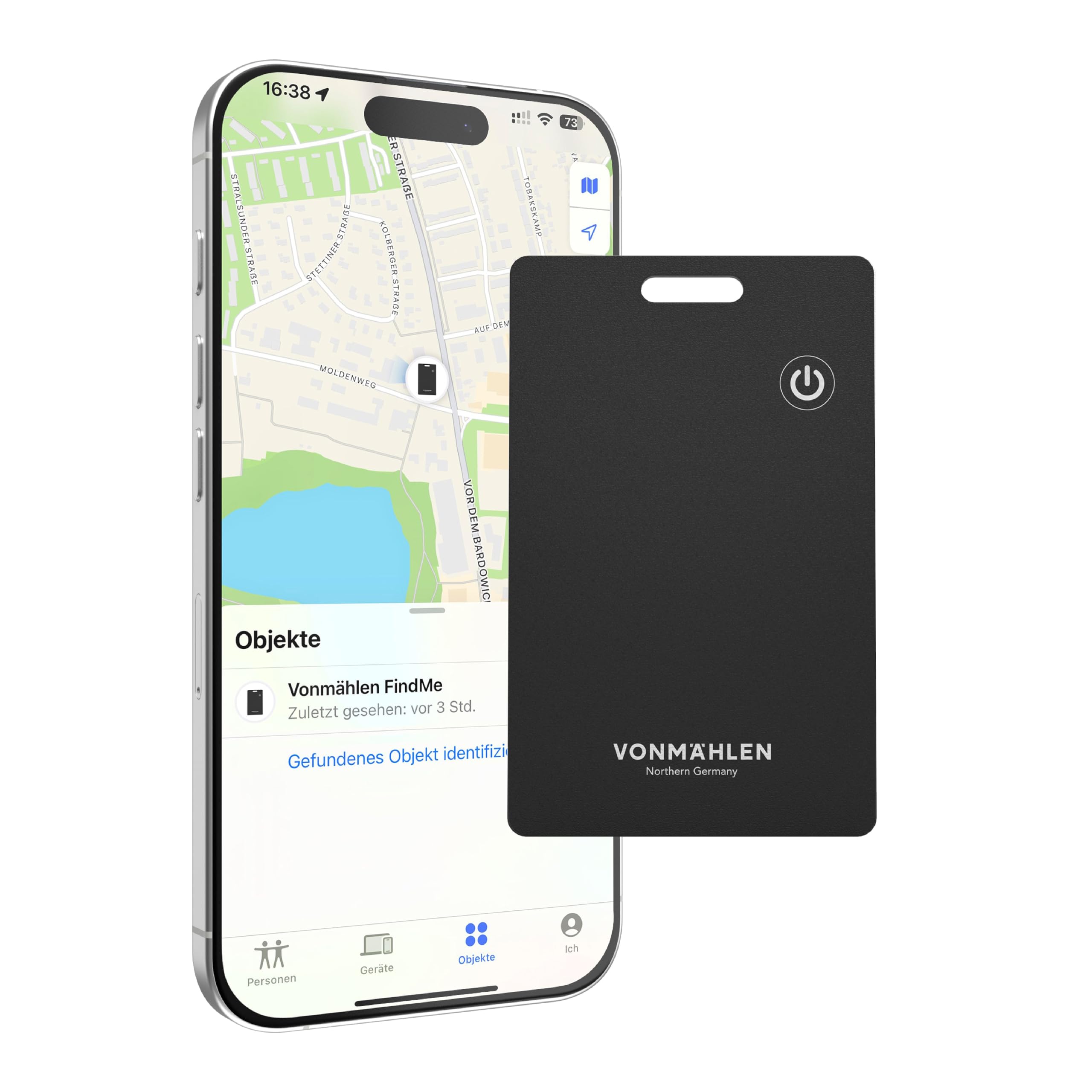 VONMÄHLEN FindMe - Bluetooth Tracker Karte - Ultra-Slim Design, Kabellos Aufladbar, Wasser- und Staubresistent, Kompatibel mit Apple Find My und Wo ist App - Ideal für Brieftaschen und Gepäck - Black