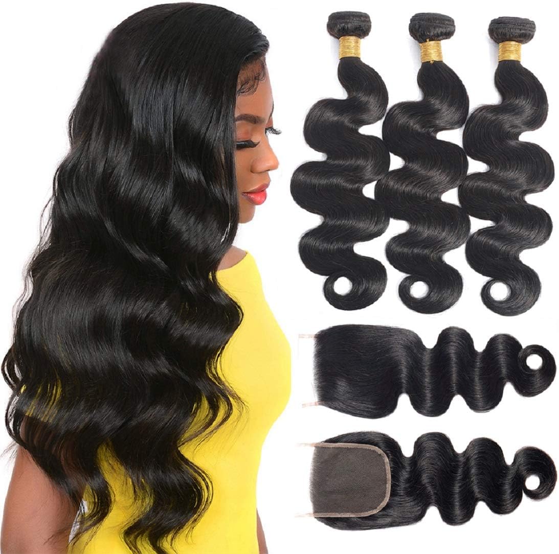 Brazilian Body Wave Bundles with Closure (14 16 18 +12 Free Part) 100% Unprocessed Brazilian Virgin Hair Bundles with Closure 3 Bundles 8A Human Hair Weave With Lace Closure Free Part Natural Color
