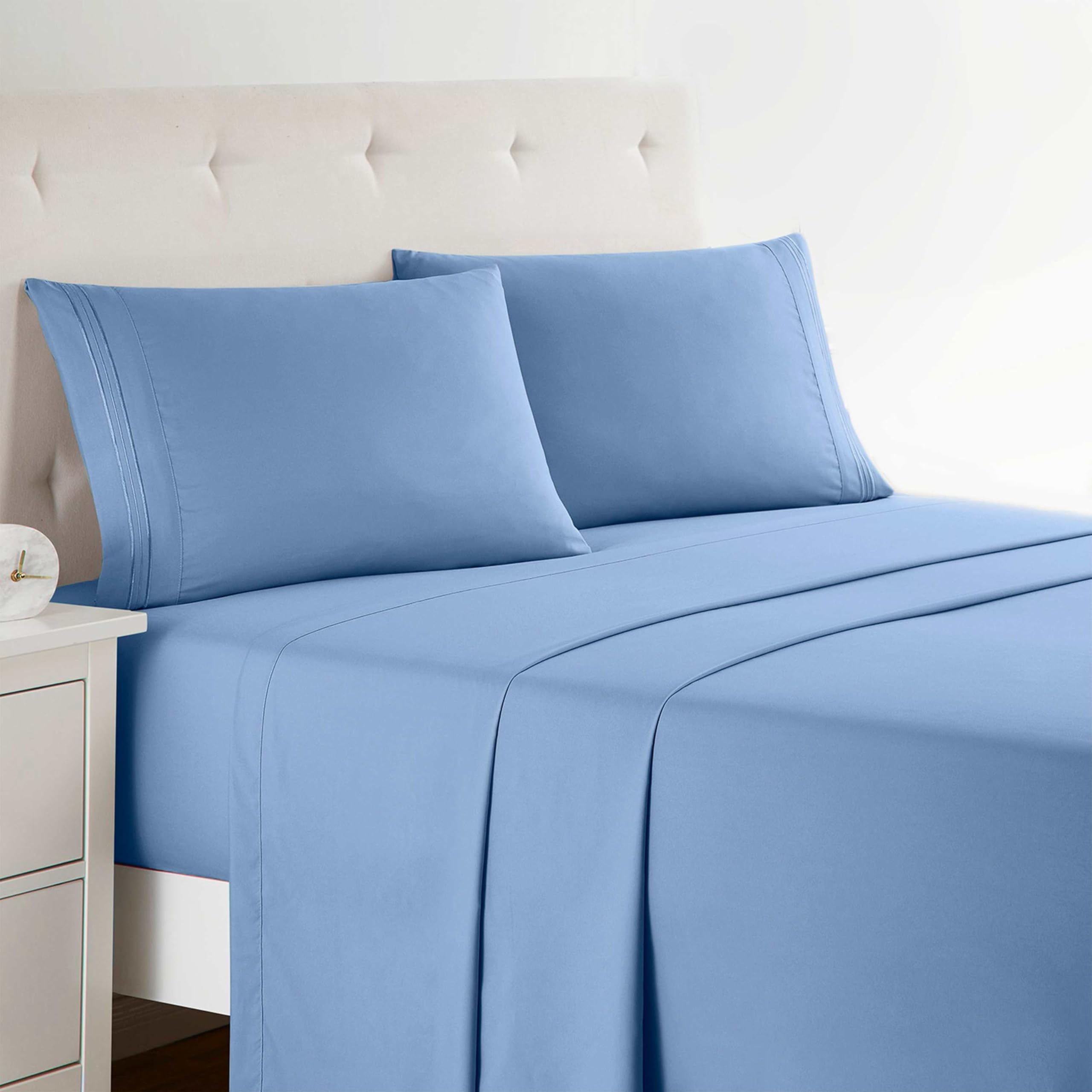 Clara Clark Bed Sheets, Premier 1800 Series 4 Piece Bed Sheet Set, Deep Pocket, Wrinkle, Fade, Stain Resistant, Luxury Soft Bedding Sheets & Pillowcases, King, Blue Heaven