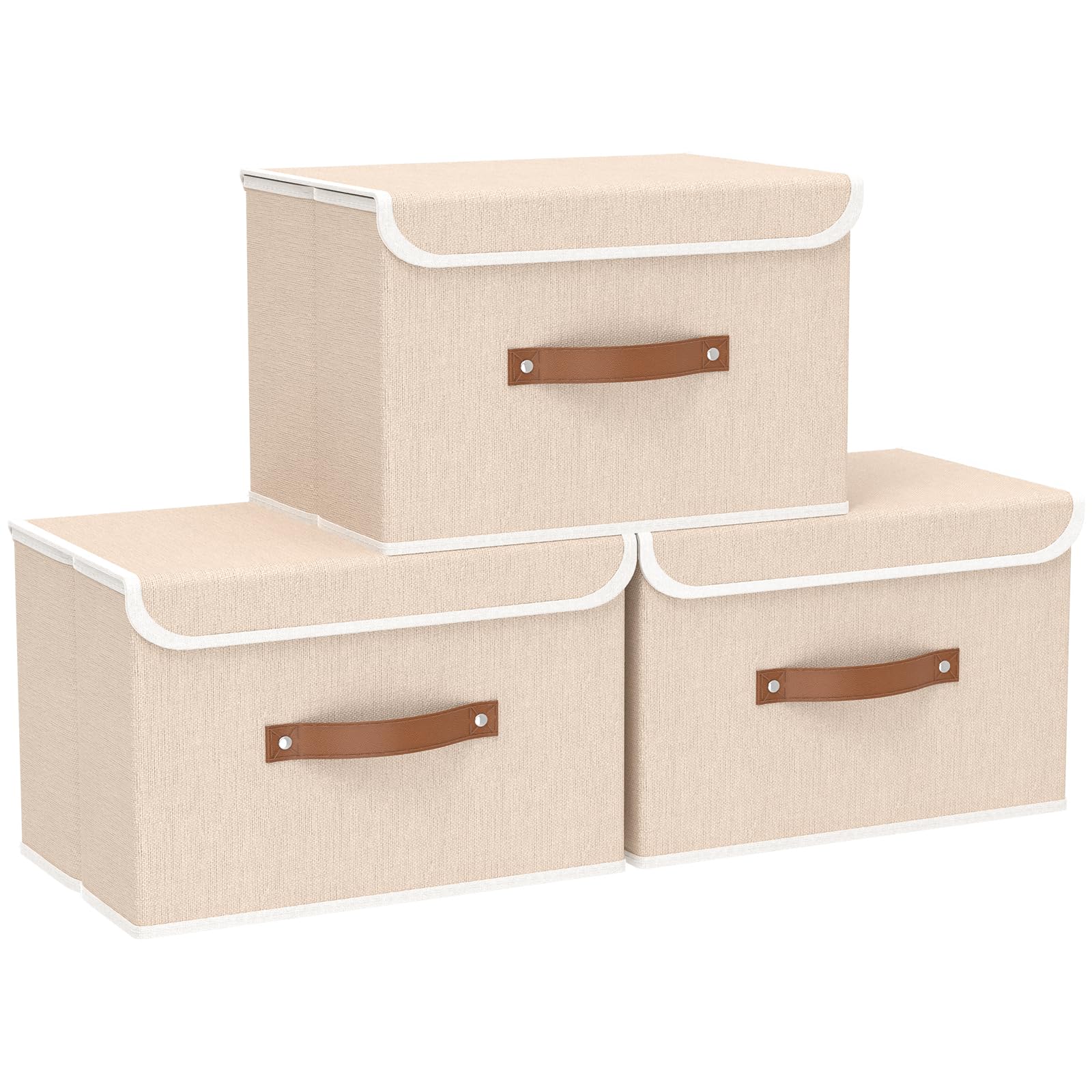 Yawinhe Collapsible Storage Box with Lid, Fabric Bin with Handle, Baskets for Organizing Clothes, 3 Pack, 45x30x30cm, Beige, SNK018BE-L — image 1
