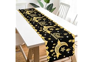 Astrymtic Eid Mubarak Table Runner Decor, Ramadan Party Mosque Lantern Table Runner, Black Gold Star Moon Table Cloth Decorat