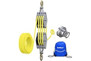 FITHOIST Block and Tackle 4400 LB Breaking Strength Heavy Duty Pulley, 65 Ft Rope Pulley, Upgraded Metal Bearing, 7:1 Lifting Power Pulley System, Pulley Hoist for Lifting Heavy Objects(Yellow)